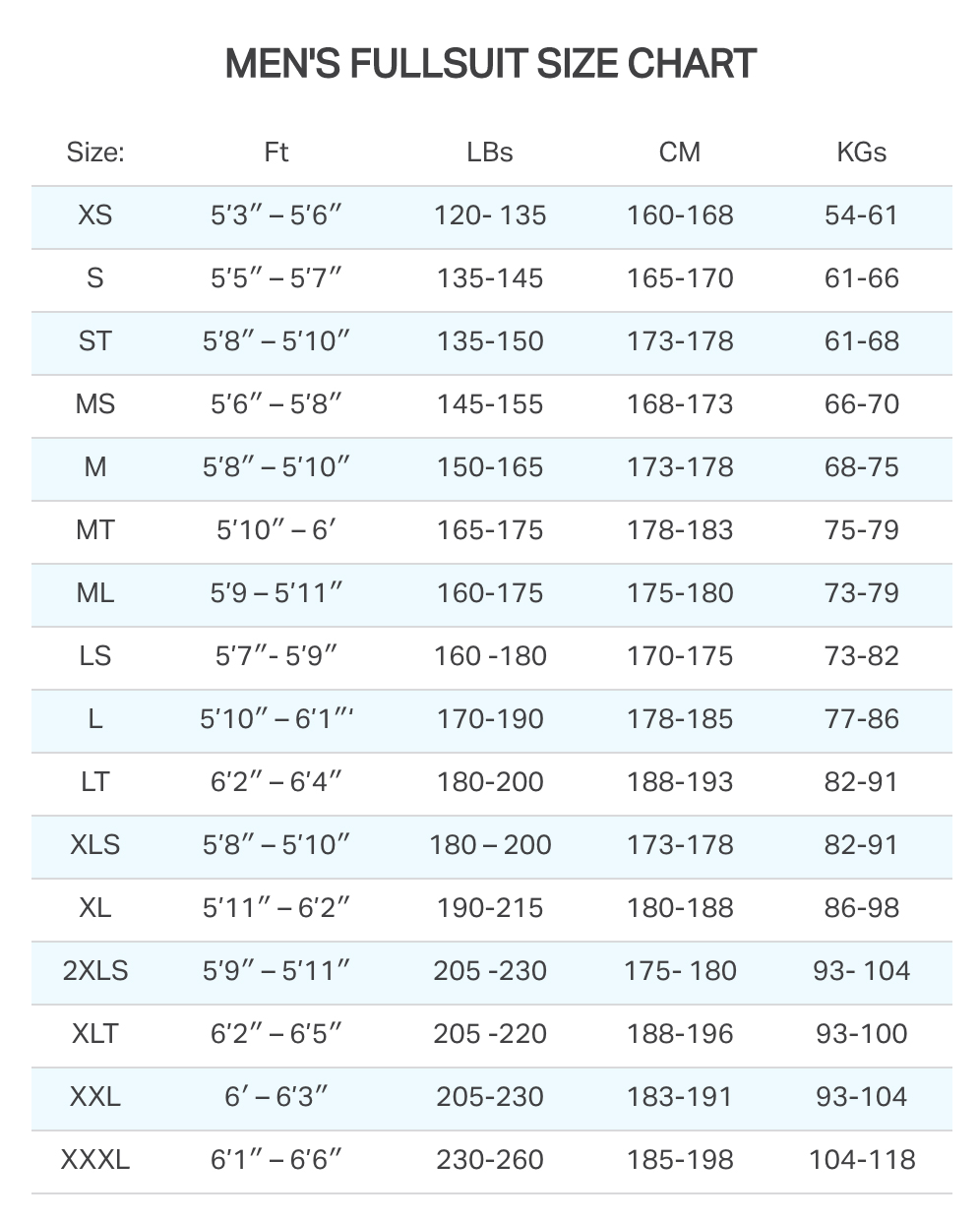 Matuse Size Chart