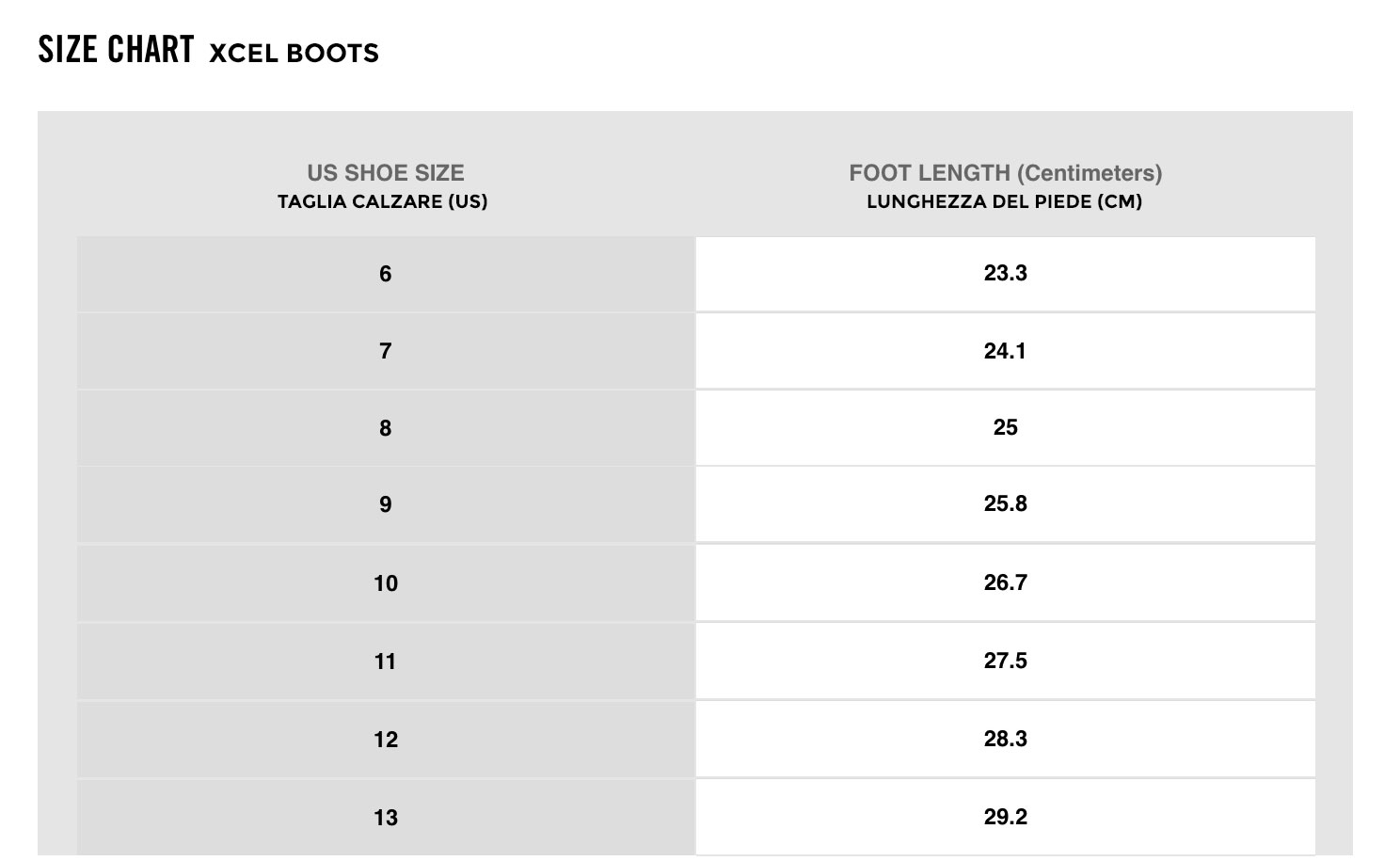 Xcel Wetsuits Size Chart Cm