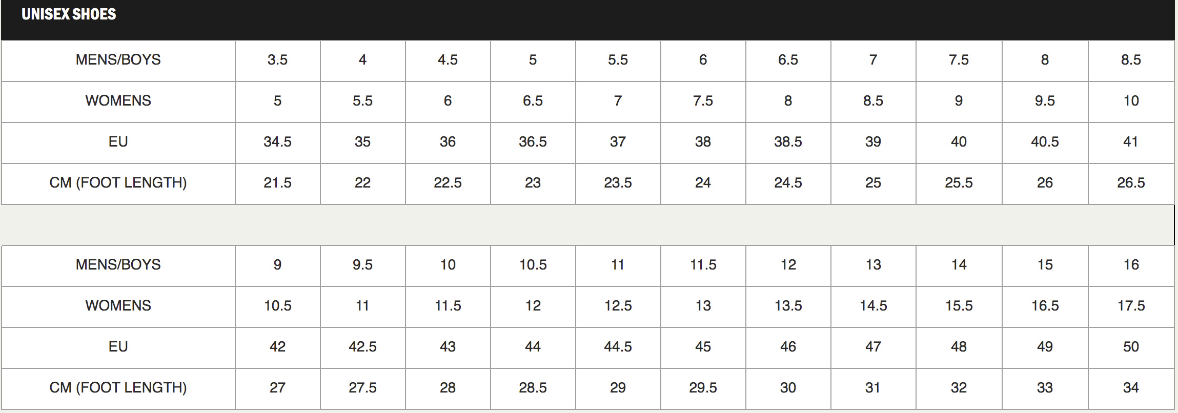 vans style 36 size chart