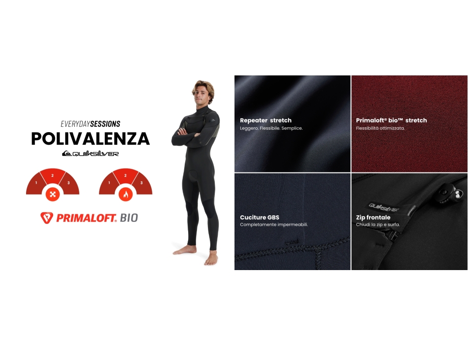 QUIKSILVER 5/4/3 EVERYDAY SESSIONS CHEST ZIP HOOD MUTA CON PRIMALOFT