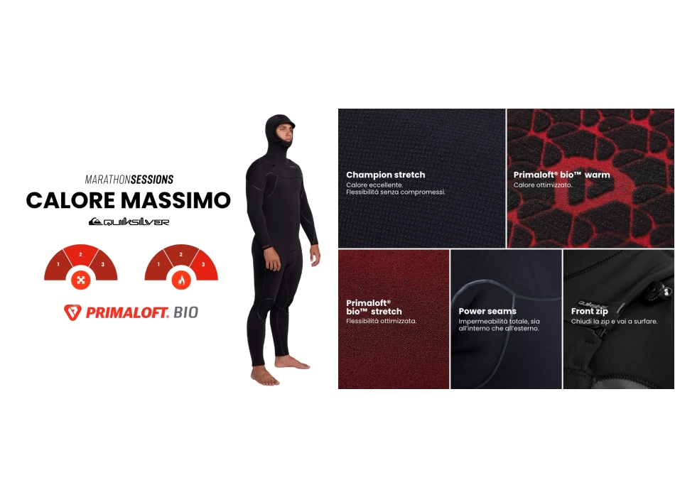 QUIKSILVER 5/4 MARATHON SESSIONS CHEST ZIP MUTA CON CAPPUCCIO