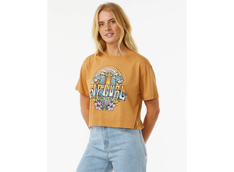 RIP CURL BLOCK PARTY CROP T-SHIRT DONNA LIGHT BROWN