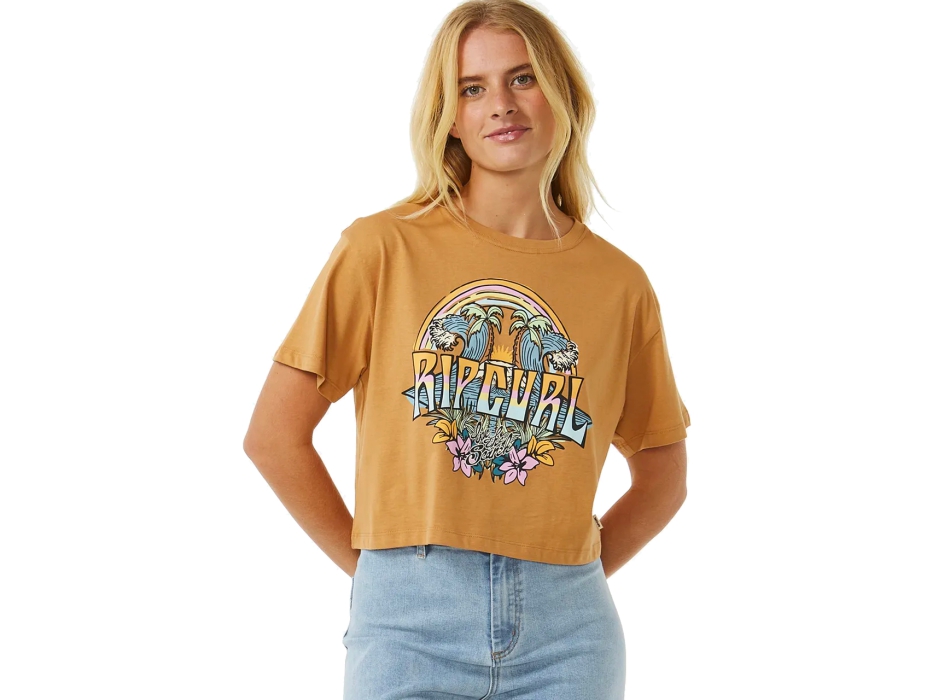 RIP CURL BLOCK PARTY CROP T-SHIRT DONNA LIGHT BROWN