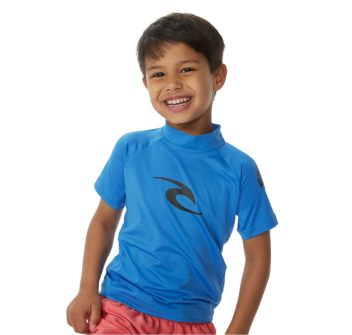 RIP CURL LYCRA BAMBINO BRAND WAVE MANICHE CORTE PROTEZIONE UV 50+ BLUE GUM