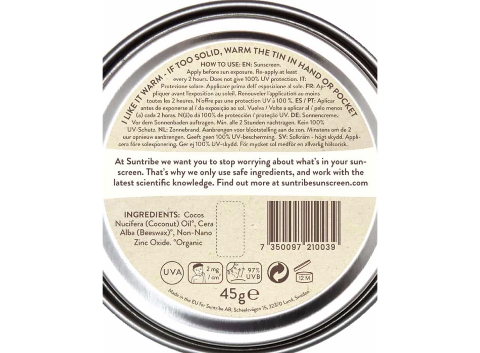 SUNTRIBE CREMA SOLARE MINERALE BIOLOGICA ZINCO SPF 30 (45GR.)